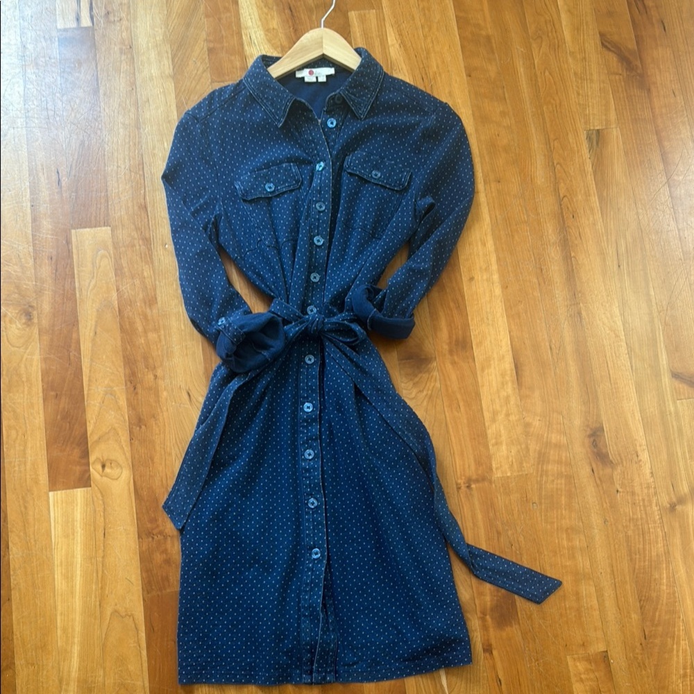 Boden Blue Polka Dot Shirt Dress with Waist Tie